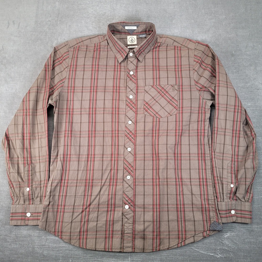 Volcom‎ Mens Large Brown Plaid Long Sleeve Button Down Shirt Classic Fit Skater